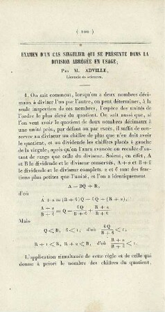 Examen d´un cas singulier qui se présente dans la division abrégée en usage.