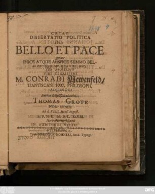 Dissertatio Politica De Bello Et Pace