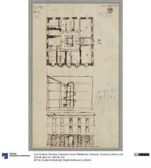Entwurf zu einem öffentlichen Gebäude. Grundriss, Aufriss und Schnitt