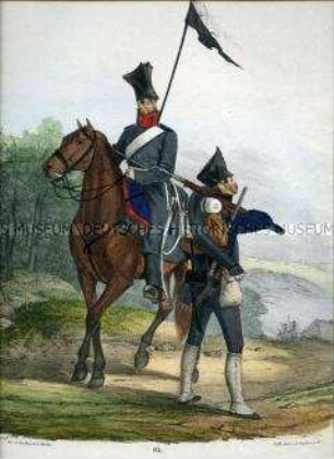 Uniformdarstellung, Ulan mit Lanzenflagge des 8. Ulanen-Regiments zu Pferd, Pionier der 8. Pionier-Abteilung, Preußen 1830. Aus: Elzholz u.a.: Das Preussische Heer. Tafel 65.