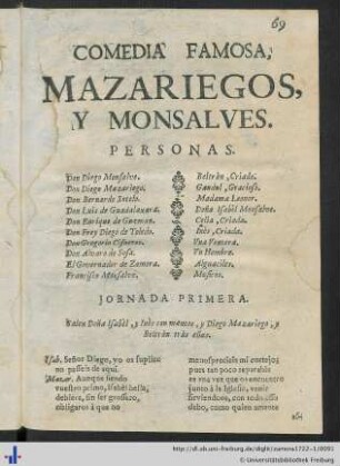 Comedia Famosa, Mazariegos, Y Monsalves.