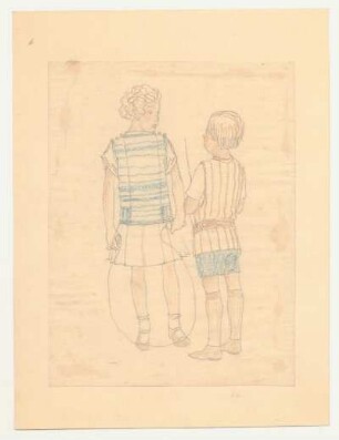 Entwurf Kinderkleidung : Mädchen mit Faltenrock, Bluse und Weste; Junge mit kurzer Hose, Shirt und gegürteter Weste; Blatt montiert, nummeriert