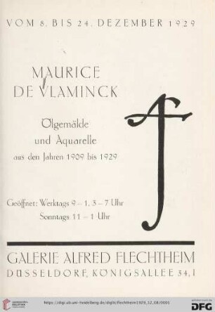 Maurice de Vlaminck : Ölgemälde und Aquarelle aus den Jahren 1909 bis 1929 : vom 8. bis 24. Dezember 1929