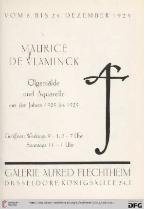Maurice de Vlaminck : Ölgemälde und Aquarelle aus den Jahren 1909 bis 1929 : vom 8. bis 24. Dezember 1929