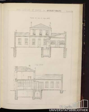 Planche No. 30 (Paris) Crèche S.te Marie des Quinze Vingts. Façade sur cour et coupe ABCD, coupe EFGH