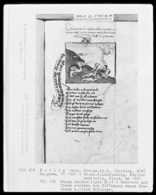 Heinrich von Laufenberg, Regimen sanitatis, deutsch — Menschen und Tiere sterben vom Gifthauch einer Schlange und eines Drachens, Folio 109recto