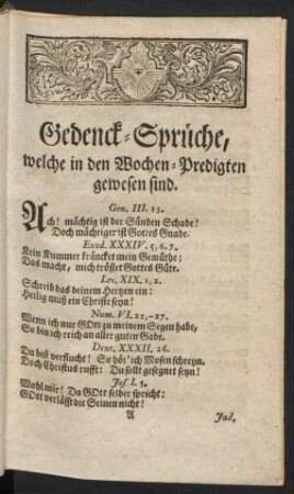 Gedenck-Sprüche welche in den Wochen-Predigten gewesen sind