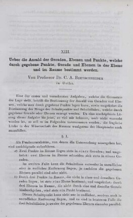 XIII. Ueber die Anzahl der Geraden, Ebenen und Punkte, welche durch gegebene Punkte, Gerade und Ebenen in der Ebene und im Räume bestimmt werden.