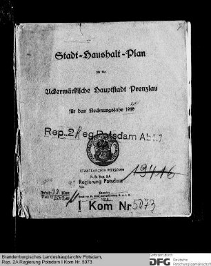 Haushaltsplan der Stadt Prenzlau für das Rechnungsjahr 1920