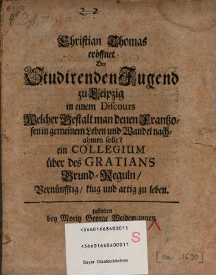 Discours, welcher Gestalt man denen Frantzosen im gemeinen Leben und Wandel nachahmen solle?