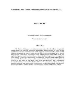 A Financial CGE Model For Turkish Economy With 1996 Data