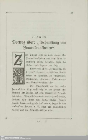 21. Vortrag über "Behandlung von Frauenkrankheiten".