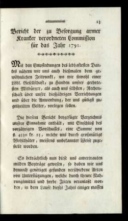 Bericht der zu Besorgung armer Kranker verordneten Commission für das Jahr 1791