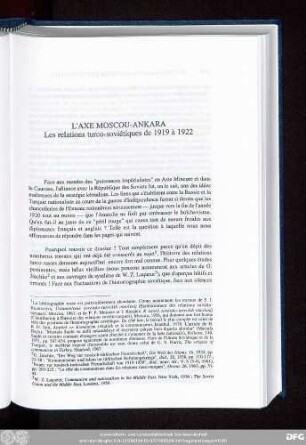 L'Axe Moscou-Ankara Les relations turco-soviétiques de 1919 à 1922