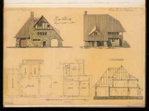 Dorfschmiede mit Spritzenhaus Monatskonkurrenz November 1903: Grundriss Erdgeschoss, Obergeschoss, Aufriss Vorderansicht, Seitenansicht, Längsschnitt 1:100; Maßstabsleiste