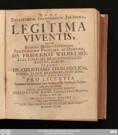 Dissertatio Inauguralis Iuridica, De Legitima Viventis