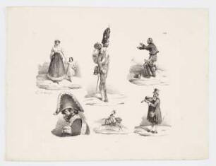 Skizzenblatt mit Mutter und Kind; Militärs; Reiter; Musiker mit Geige", Blatt 4 der Folge "Fantaisies"