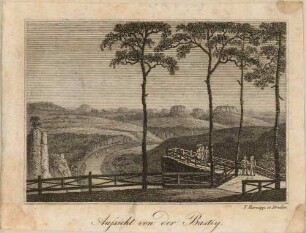 Die Bastei in der Sächsischen Schweiz mit Aussicht über das Elbtal nach Südosten auf Lilienstein, Königstein und die anderen Tafelberge