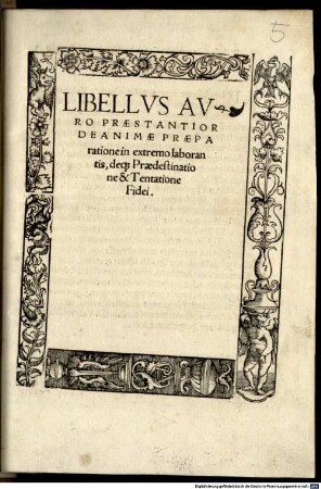 Libellvs Avro Praestantior De Animae Praeparatione in extremo laborantis, deq[ue] Praedestinatione & Tentatione Fidei