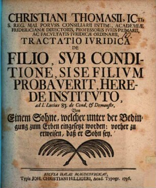 Tractatio iur. de filio, sub conditione, si se filium probaverit, herede instituto