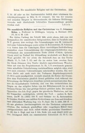 329-330 [Rezension] Behm, Johannes, Die mandäische Religion und das Christentum