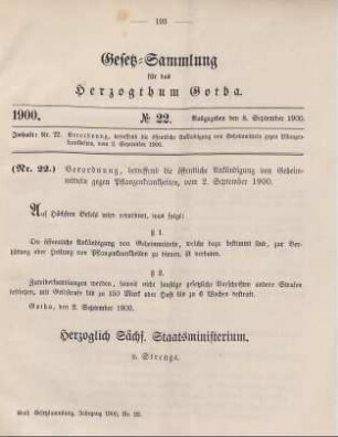 22. Verordnung, betreffend die öffentliche Ankündigung von Geheimmitteln gegen Pflanzenkrankheiten, vom 2. September 1900