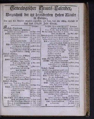 Genealogischer Staats-Calender, Oder Verzeichniß der itzt herrschenden Hohen Häuser in Europa ...