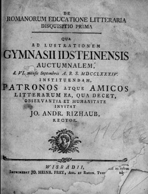 Disquisitio 1: Qua ad lustrationem Gymnasii Idsteinensis auctumnalem, d. 6. mensis Septembris 1784