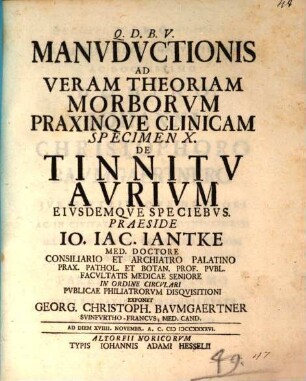 Manuductionis ad veram theoriam morborum, praxinque clinicam Specimen X. De tinnitu aurium, eiusdemque speciebus