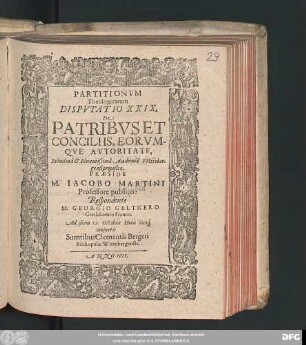 Partitionum Theologicarum Disputatio XXIX, De Patribus Et Conciliis, Eorumque Autoritate