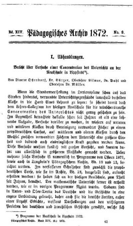 Bericht über Versuche der Concentration des Unterrichts an der Realschule in Lippstadt