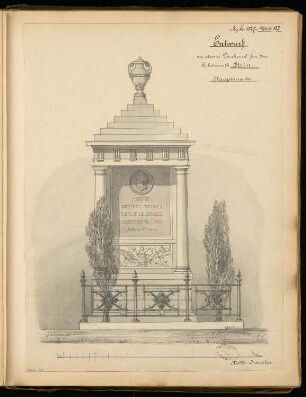 Grabdenkmal für Geheimrat Stein, Stettin Monatskonkurrenz Dezember 1877: Aufriss Vorderansicht; Maßstabsleiste