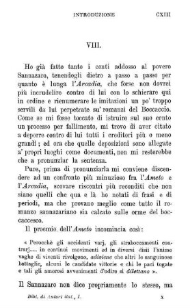 VIII. Le imitazioni dell' Arcadia dall' Ameto [ – ] Il commiato del Boccaccio a' propri romanzi e quello del Sannazaro all' Arcadia