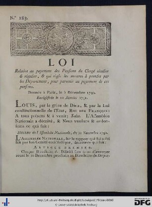 Loi Relative au payement des Pensions du Clergé séculier & régulier, & qui règle les mesures à prendre par les Départemens, pour parvenir au payement de ces pensions.