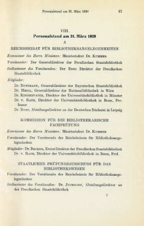 VIII. Personalstand am 31. März 1939