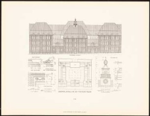 Oberrealschule an der Pasteurstraße, Berlin: Grundriss, Ansicht von der Straßenseite, Details (aus: Neubauten der Stadt Berlin, Bd. XI, 1912)