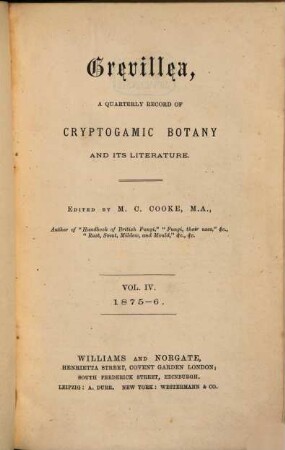 Grevillea : a monthly record of cryptogamic botany and its literature, 4. 1875/76