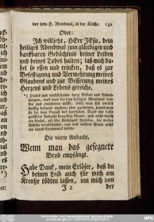 Die vierte Andacht. Wenn man das gesegnete Brod empfängt.
