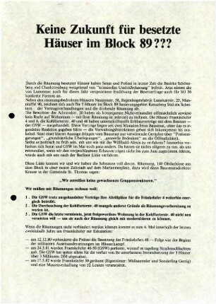 Flugschrift: Keine Zukunft für besetzte Häuser im Block 89???, 1983