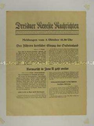 Nachrichtenblatt der "Dresdner Neueste Nachrichten" u.a. zum Empfang Hitlers im Sudetenland Henlein