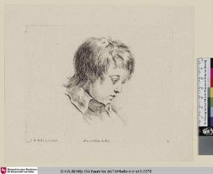 [Kopfstudie eines Jungen mit gesenktem Kopf im Halbprofil; Tête d'adolescent ayant un collant ...; Head of an adolescent looking down towards right]