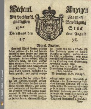 18tes Stück, Dienstags den 6ten August 1771