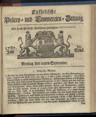 39. Stueck, Montag den 28ten September 1767