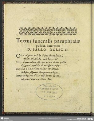 Textus funeralis paraphrasis poetica, interprete D. Paulo Dolscio