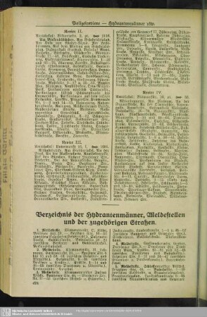Verzeichnis der Hydrantenmänner, Meldestellen und der zugehörigen Straßen