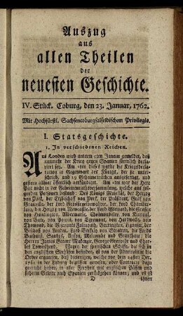 IV. Stück. Coburg, den 23. Januar, 1762.