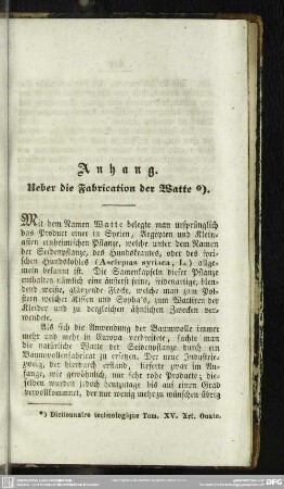 Anhang. Ueber die Fabrication der Watte