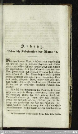 Anhang. Ueber die Fabrication der Watte