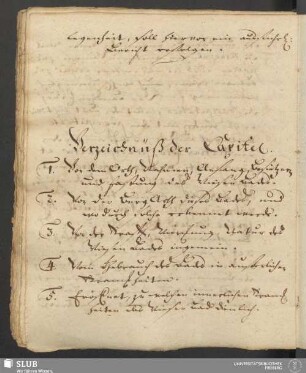 Verzeichnüß der Capitel