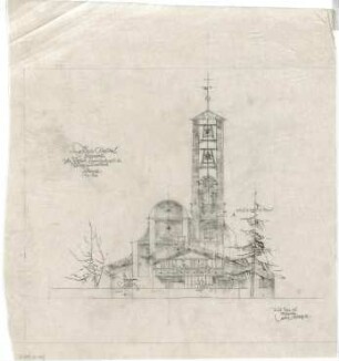Gsaenger, Gustav; Oberstdorf / Allgäu (Bayern); Ev. Kirche - Vorprojekt zum Umbau, Erweiterungs- u. Pfarramtsneubau, Südseite (Ansicht)